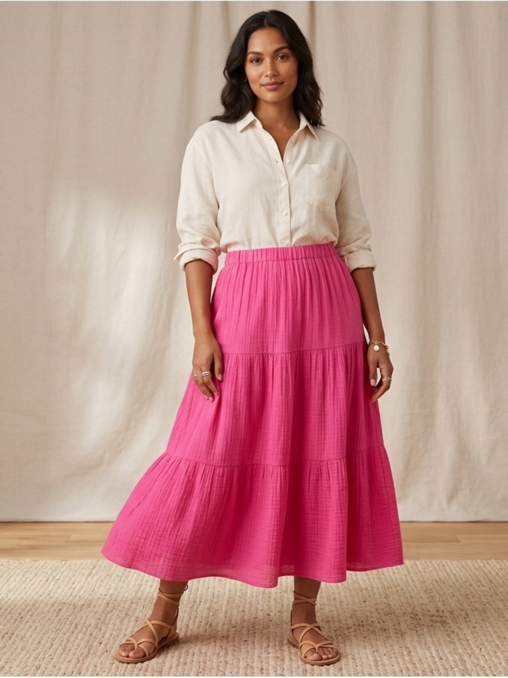 Tacera Women's Tiered Maxi Skirt in Bright Pink